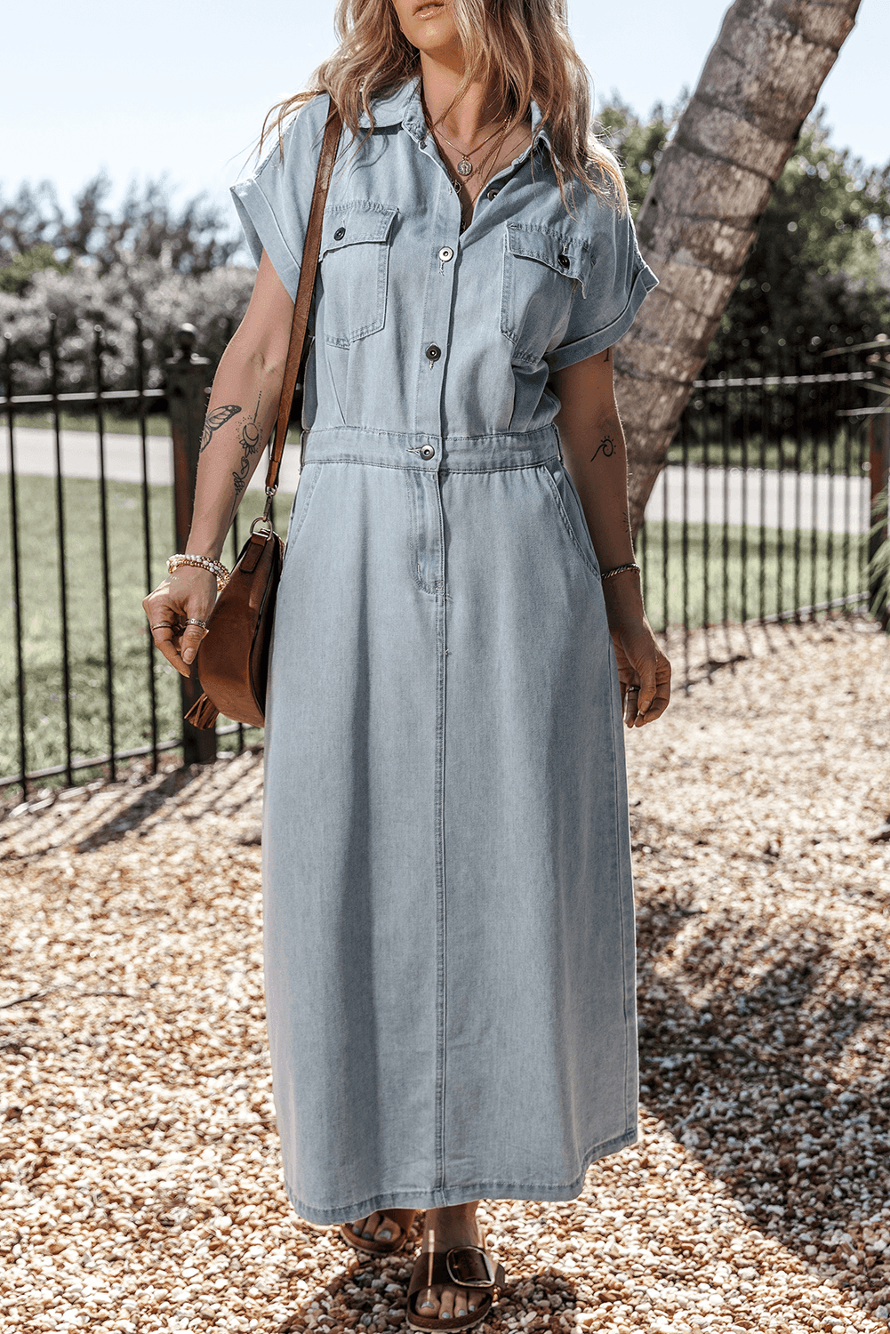 Elegante Denim Jurk met Korte Vleermuismouwen - Maxi Dresses - Jurkjes.co