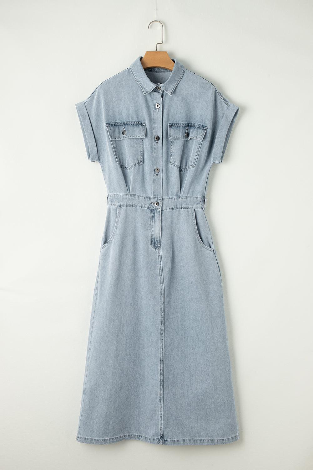 Elegante Denim Jurk met Korte Vleermuismouwen - Maxi Dresses - Jurkjes.co