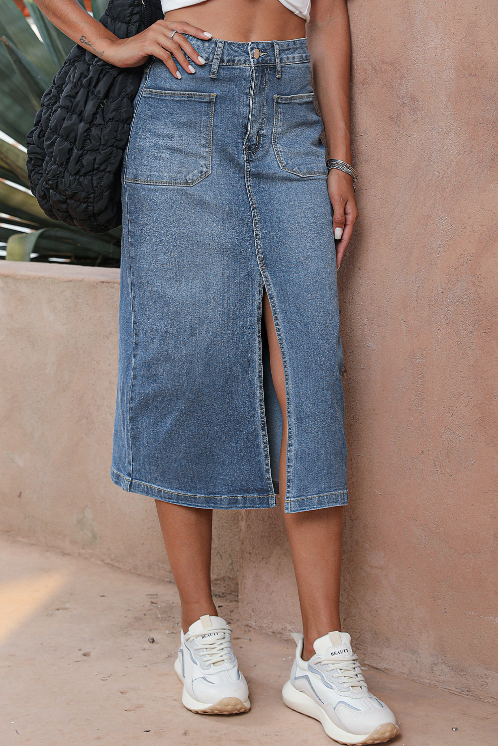 Split Midi Denim Rok met Vier Zakken