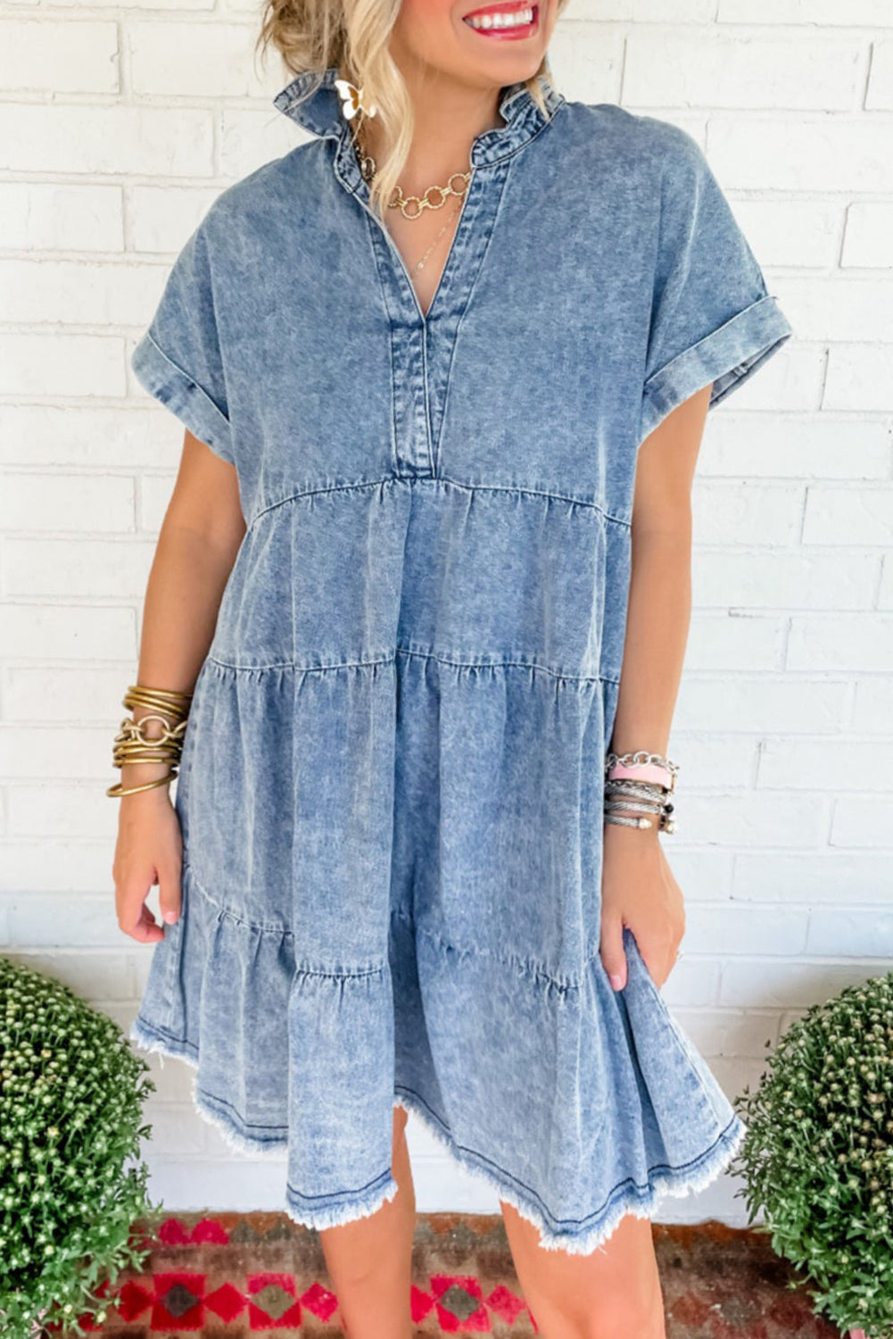 Acid Wash Denim Jurk met V-hals