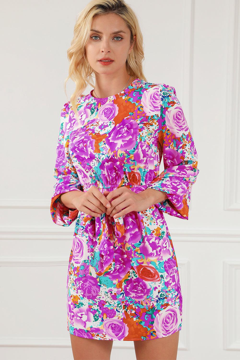 Floraal Jurk met Sleutelgathals en Riem - Floral Dresses - Jurkjes.co