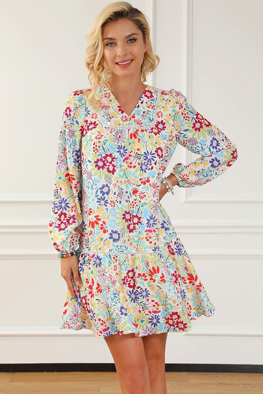 Floraal Kanten Jurk met V-hals - Floral Dresses - Jurkjes.co