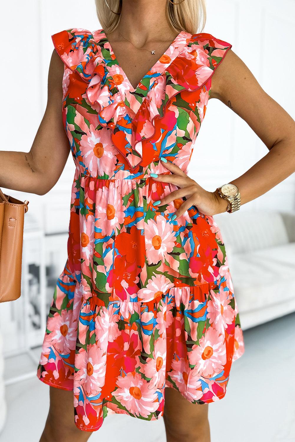 Florale Mouwloze V-Hals Jurk met Ruches - Floral Dresses - Jurkjes.co