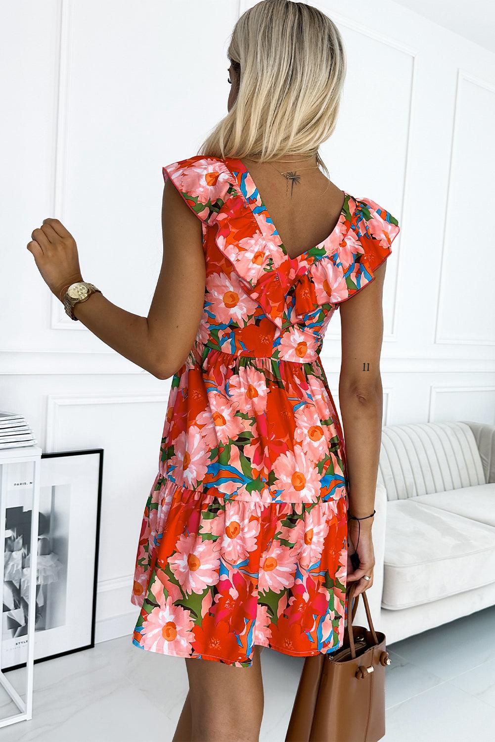 Florale Mouwloze V-Hals Jurk met Ruches - Floral Dresses - Jurkjes.co