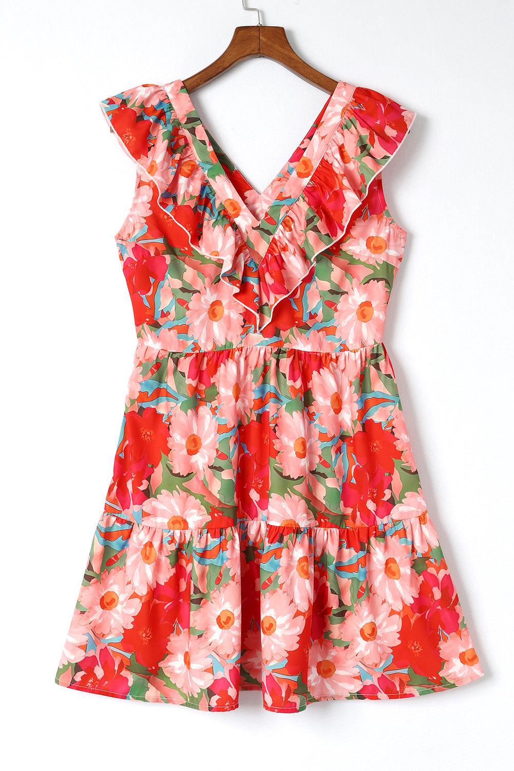 Florale Mouwloze V-Hals Jurk met Ruches - Floral Dresses - Jurkjes.co