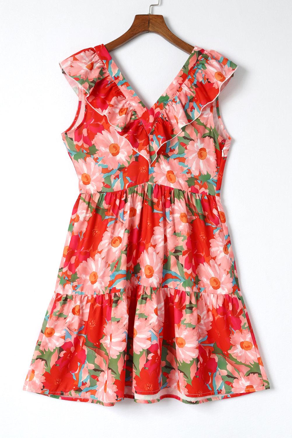 Florale Mouwloze V-Hals Jurk met Ruches - Floral Dresses - Jurkjes.co