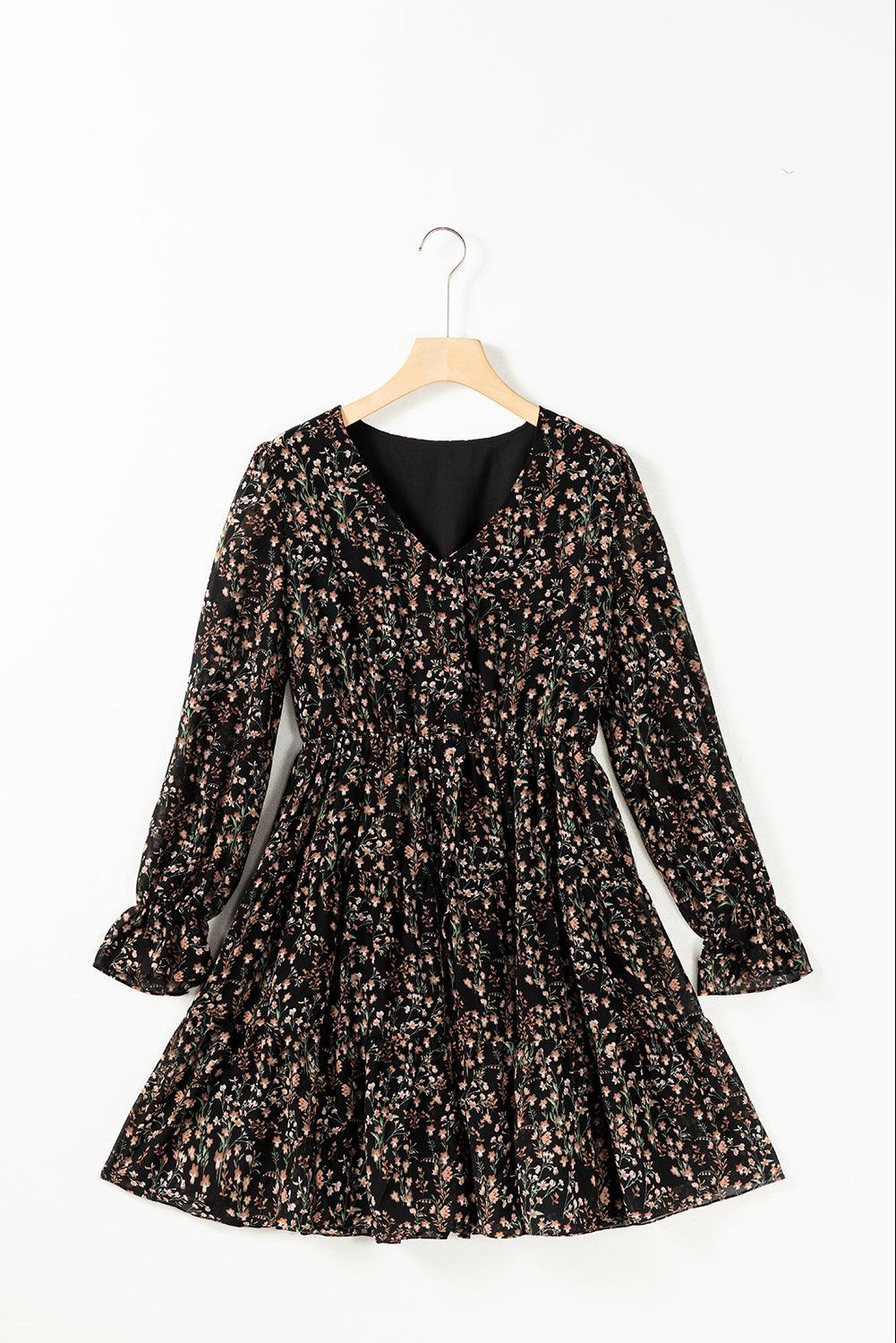 Florale V-hals Ruche Pofmouw Jurk - Floral Dresses - Jurkjes.co