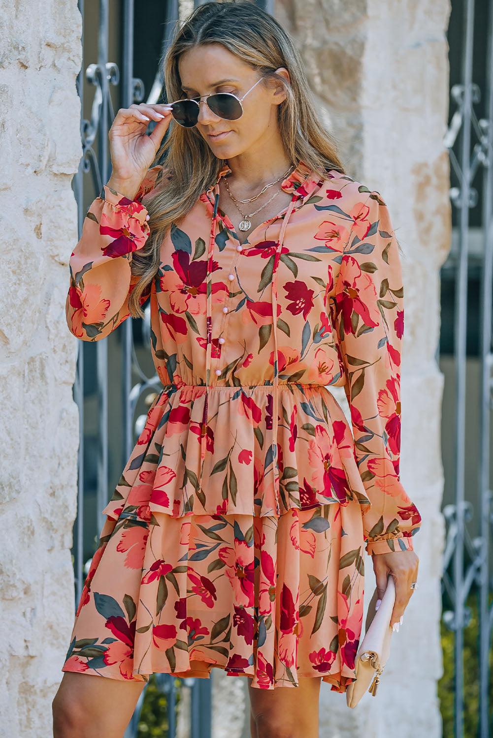 Frivole Kraag Lange Mouw Bloemenjurk - Floral Dresses - Jurkjes.co