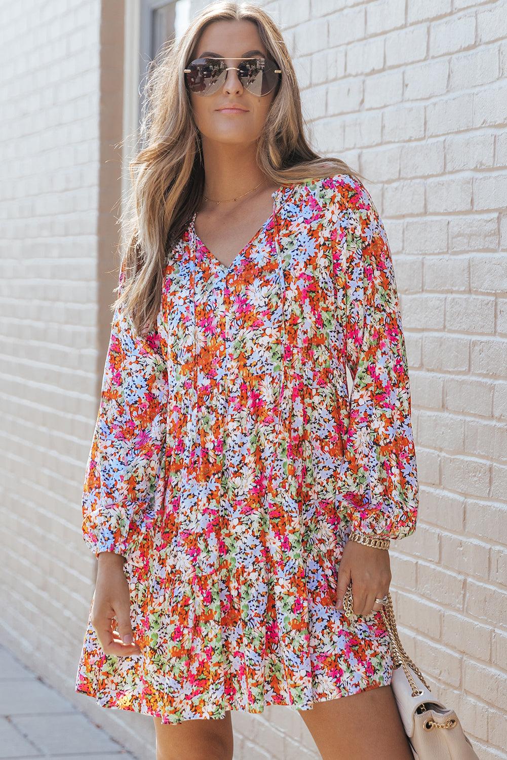 Gebloemde Flared Jurk met Lange Mouwen - Floral Dresses - Jurkjes.co