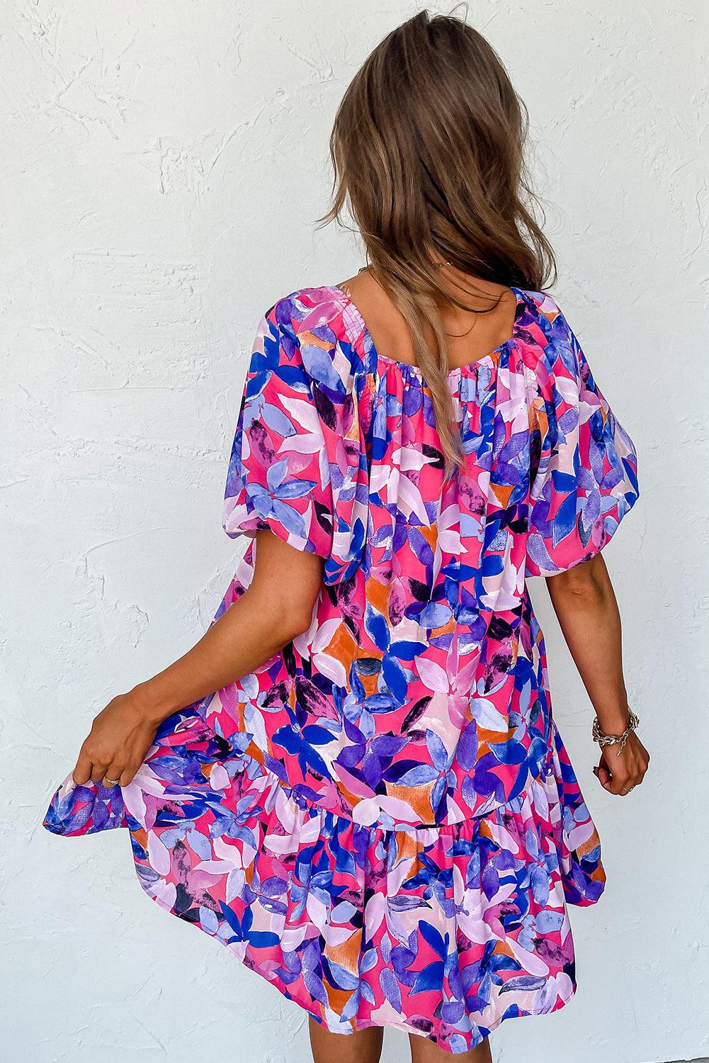 Gebloemde Jurk met Korte Pofmouwen - Floral Dresses - Jurkjes.co