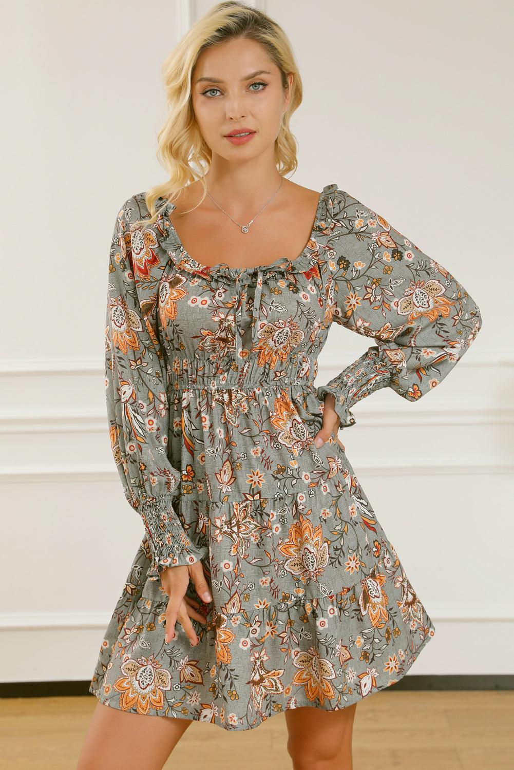 Gebloemde Jurk met Lange Mouwen en Ruches - Floral Dresses - Jurkjes.co