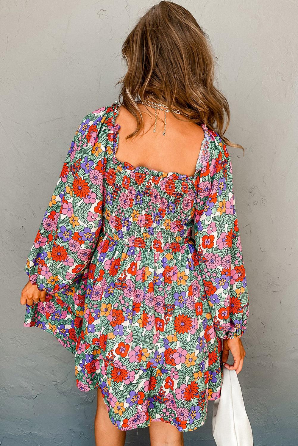 Gebloemde Jurk met Ruche en Vierkante Hals - Floral Dresses - Jurkjes.co