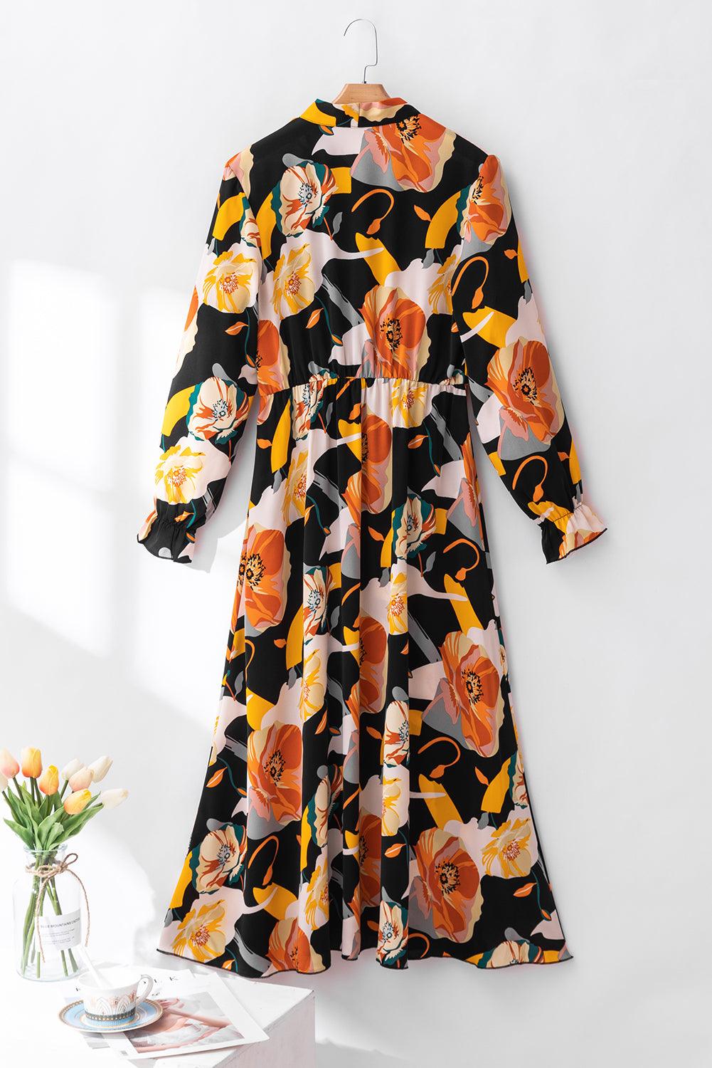 Gebloemde Jurk met Strik en Lange Mouwen - Floral Dresses - Jurkjes.co