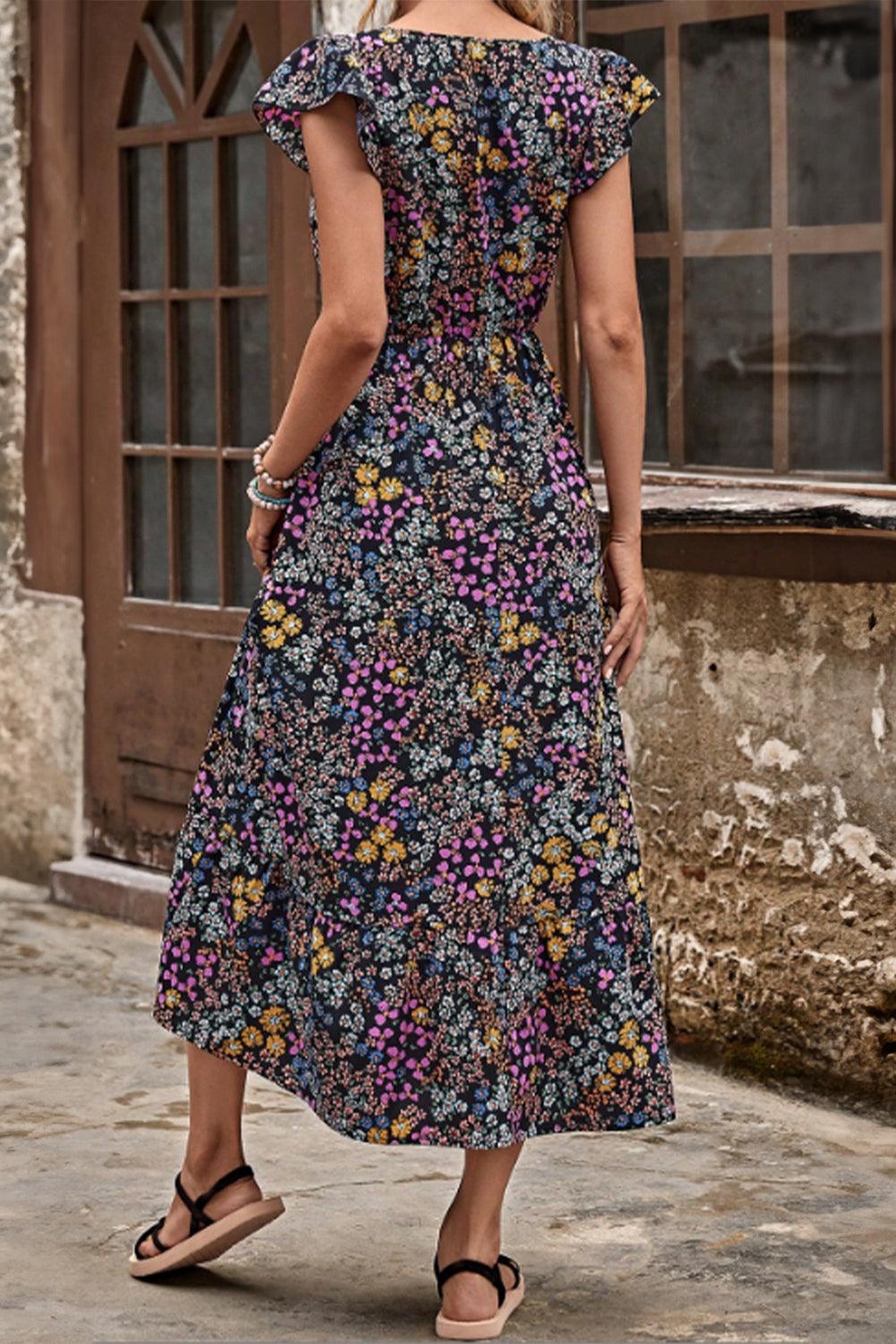 Gebloemde Midi-Jurk met V-Hals en Ruches - Floral Dresses - Jurkjes.co