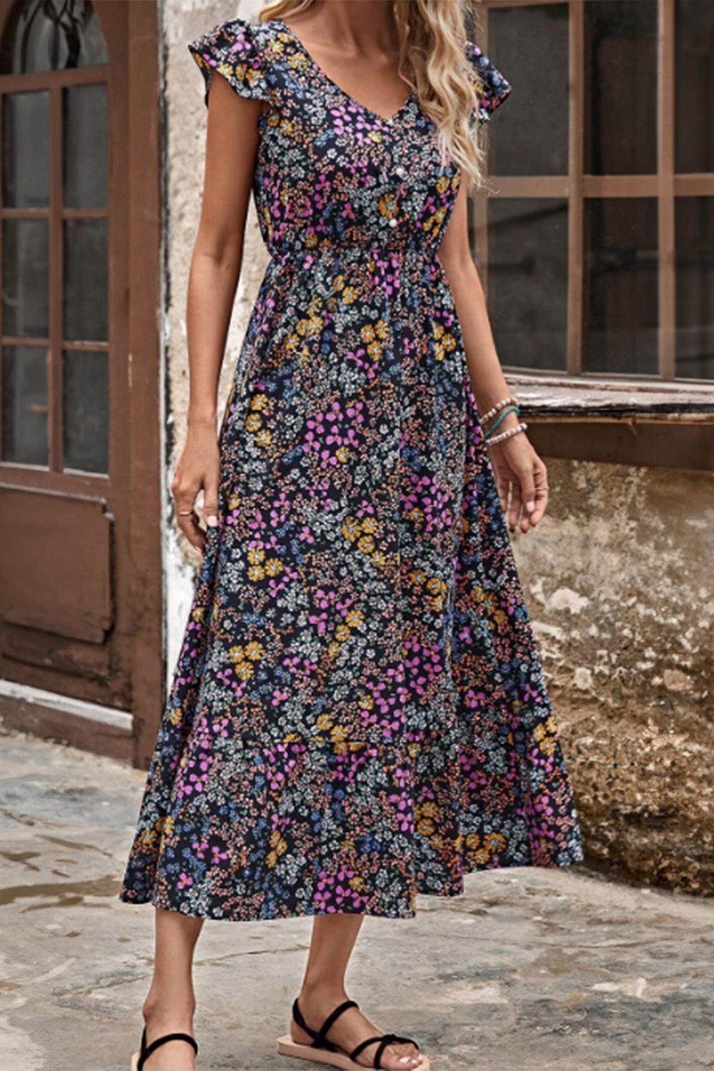 Gebloemde Midi-Jurk met V-Hals en Ruches - Floral Dresses - Jurkjes.co