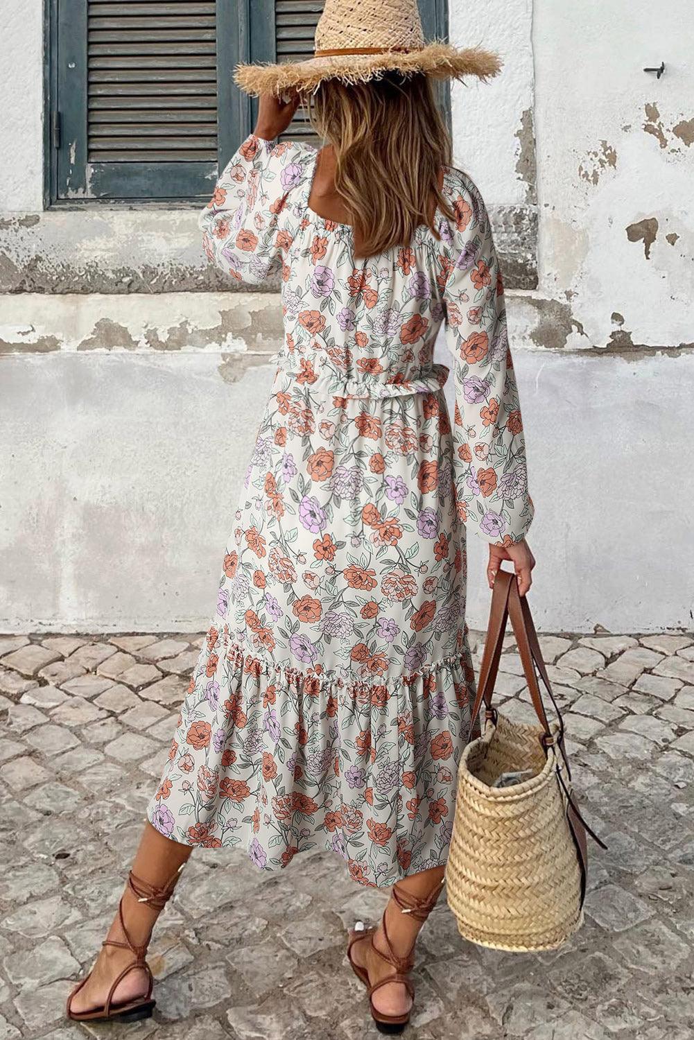 Gebloemde Smockjurk met Lange Mouwen en Zakken - Floral Dresses - Jurkjes.co