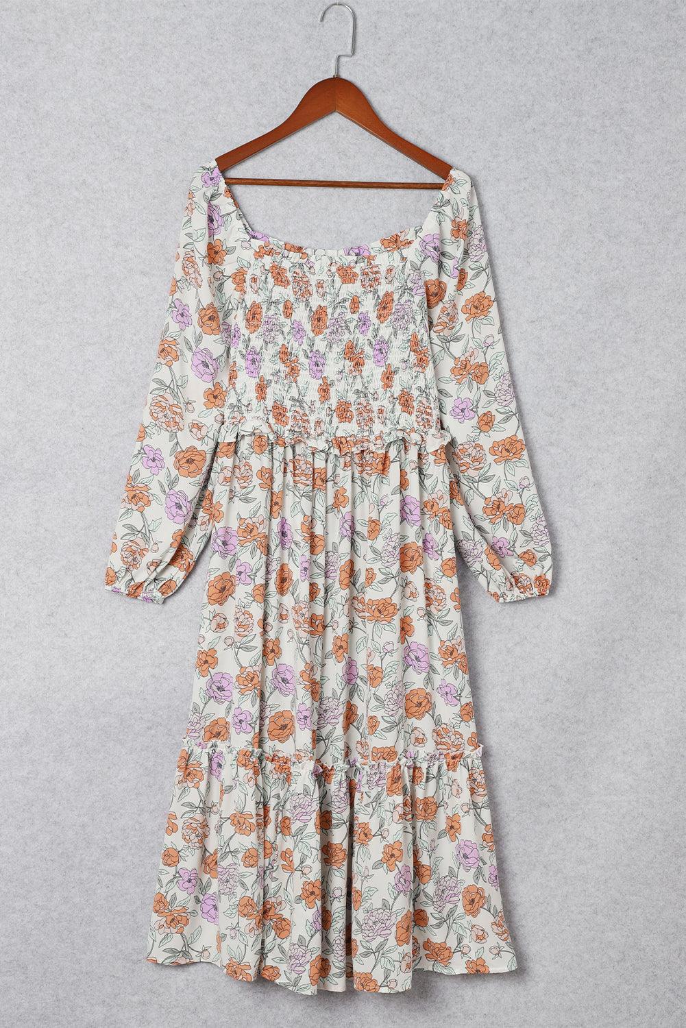 Gebloemde Smockjurk met Lange Mouwen en Zakken - Floral Dresses - Jurkjes.co