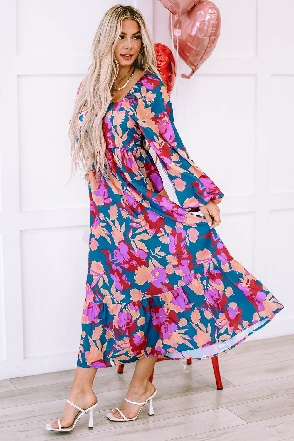 Gebloemde Vierkante Halsjurk met Ruches - Floral Dresses - Jurkjes.co