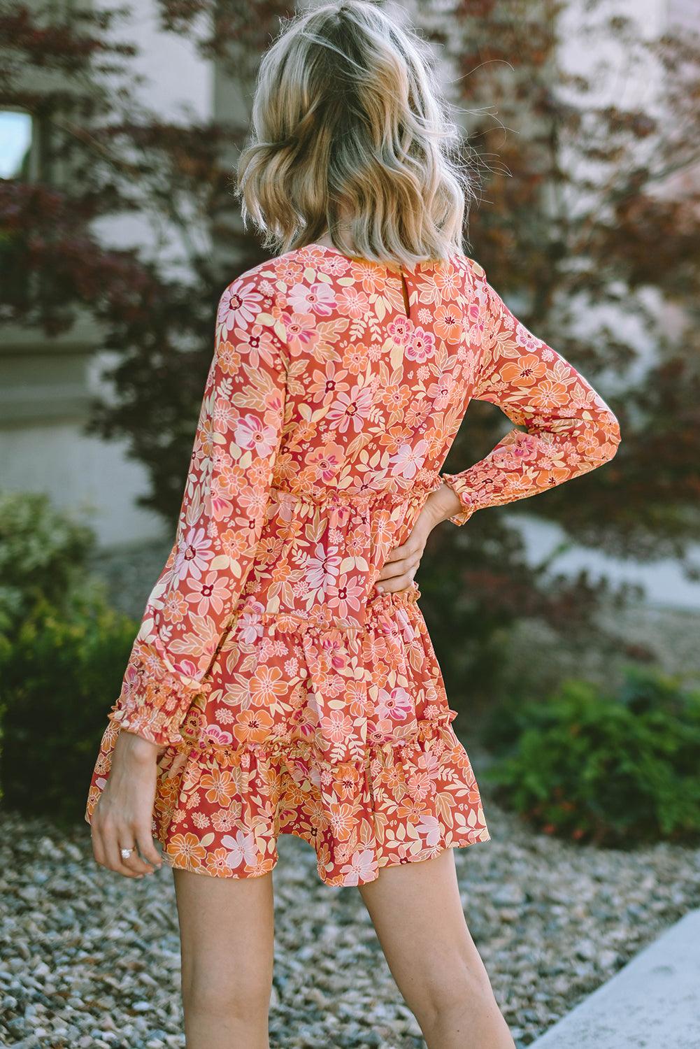 Gedessineerde Bloemenjurk met Franjes en Lange Mouwen - Floral Dresses - Jurkjes.co