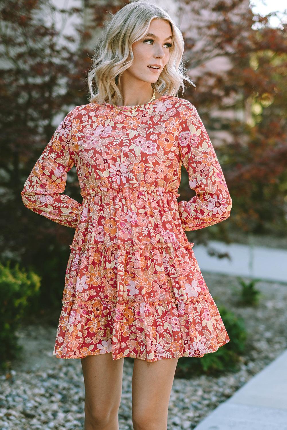 Gedessineerde Bloemenjurk met Franjes en Lange Mouwen - Floral Dresses - Jurkjes.co