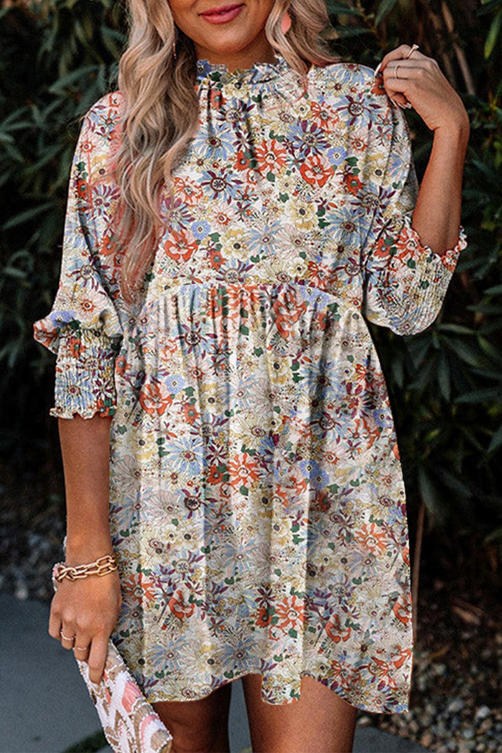 Gedessineerde Boho-Jurk met Franje Hals - Floral Dresses - Jurkjes.co