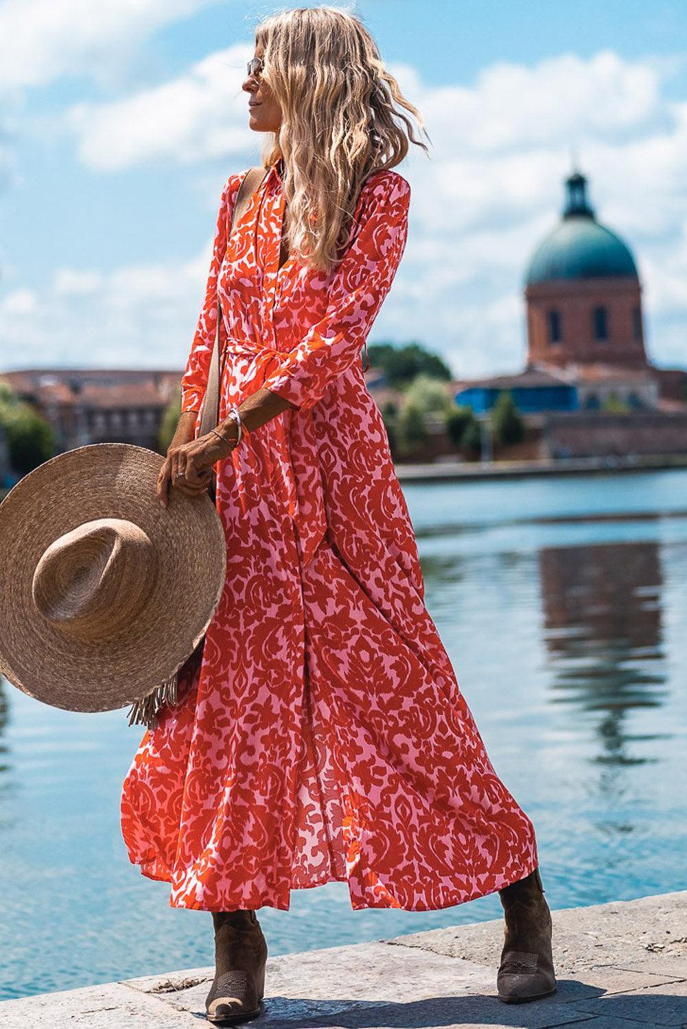 Gedessineerde Lange Jurk met Riem V-hals - Maxi Dresses - Jurkjes.co