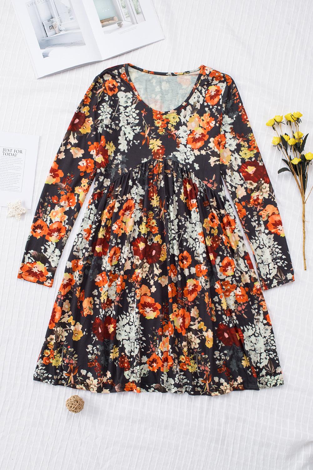 Gedrapeerde Bloemenjurk met Lange Mouwen - Mini Dresses - Jurkjes.co