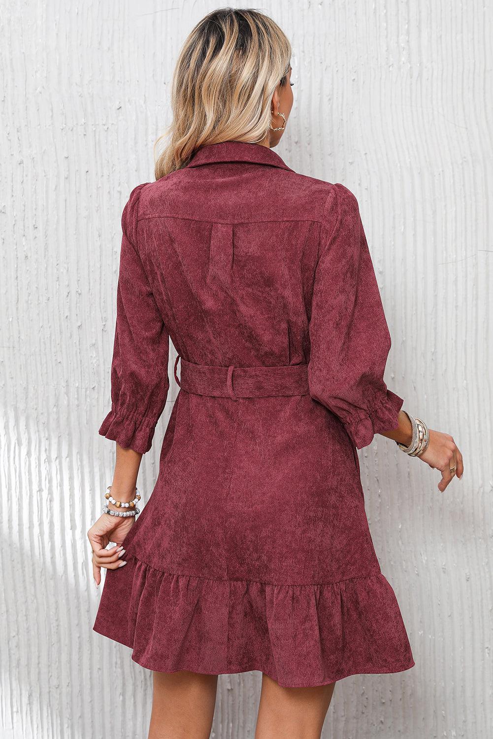 Geknoopt Corduroy Jurk met Ruches Zoom - Mini Dresses - Jurkjes.co