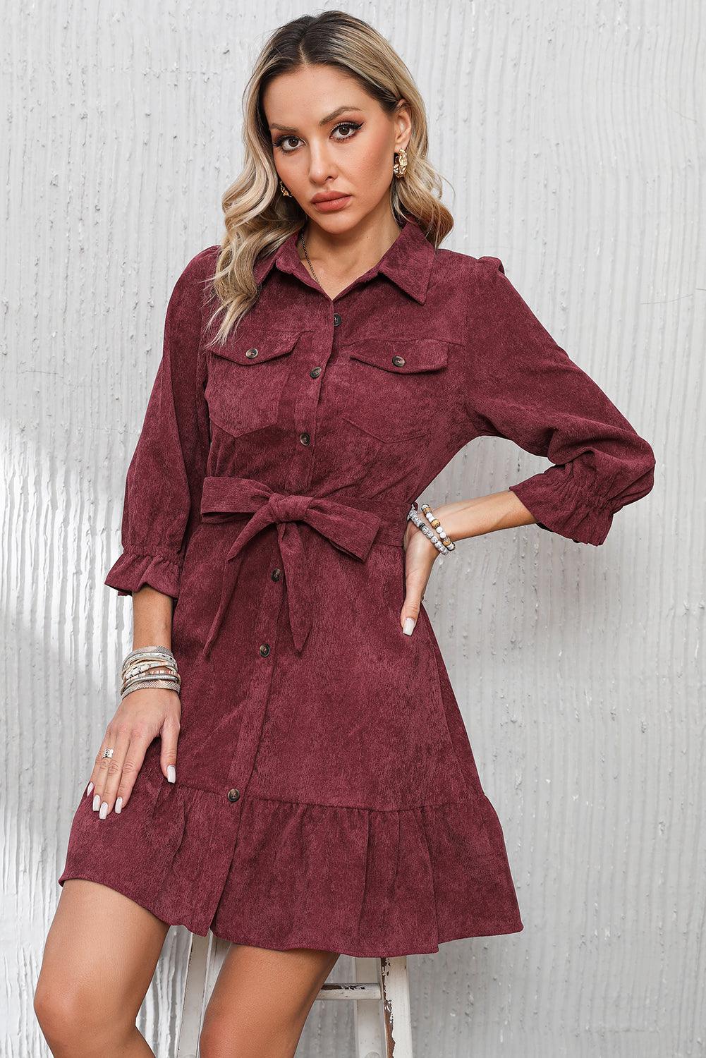 Geknoopt Corduroy Jurk met Ruches Zoom - Mini Dresses - Jurkjes.co