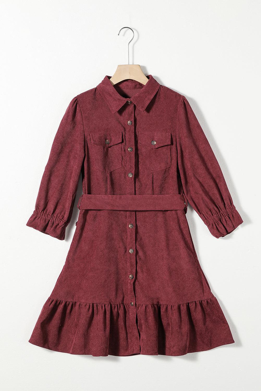 Geknoopt Corduroy Jurk met Ruches Zoom - Mini Dresses - Jurkjes.co