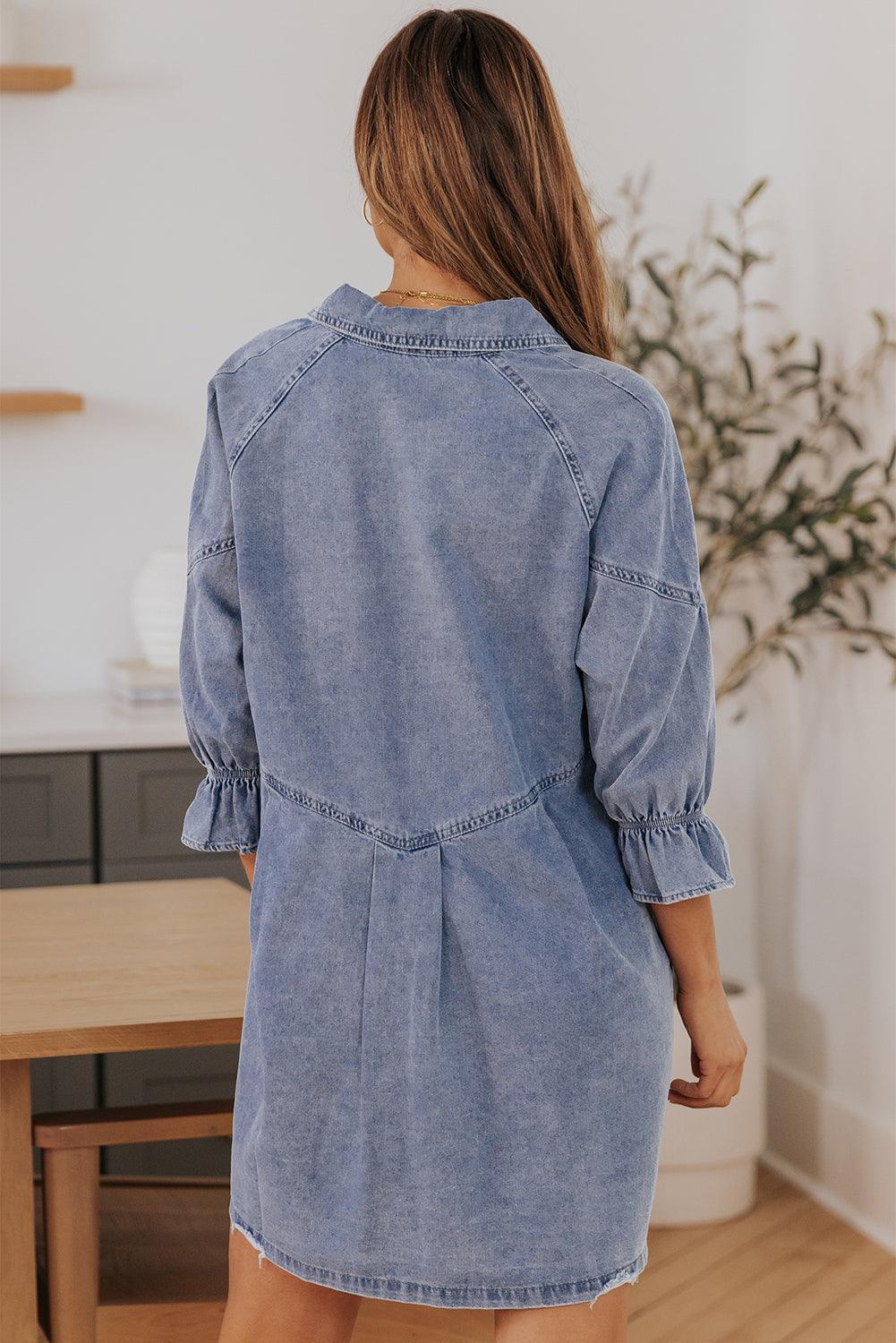 Geknoopte Denim Jurk met Lange Mouwen - Mini Dresses - Jurkjes.co