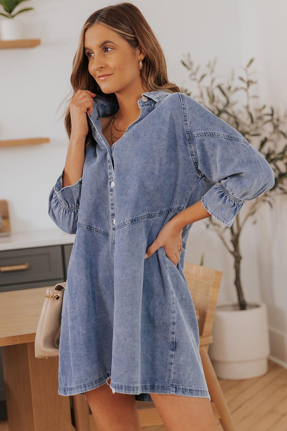 Geknoopte Denim Jurk met Lange Mouwen - Mini Dresses - Jurkjes.co