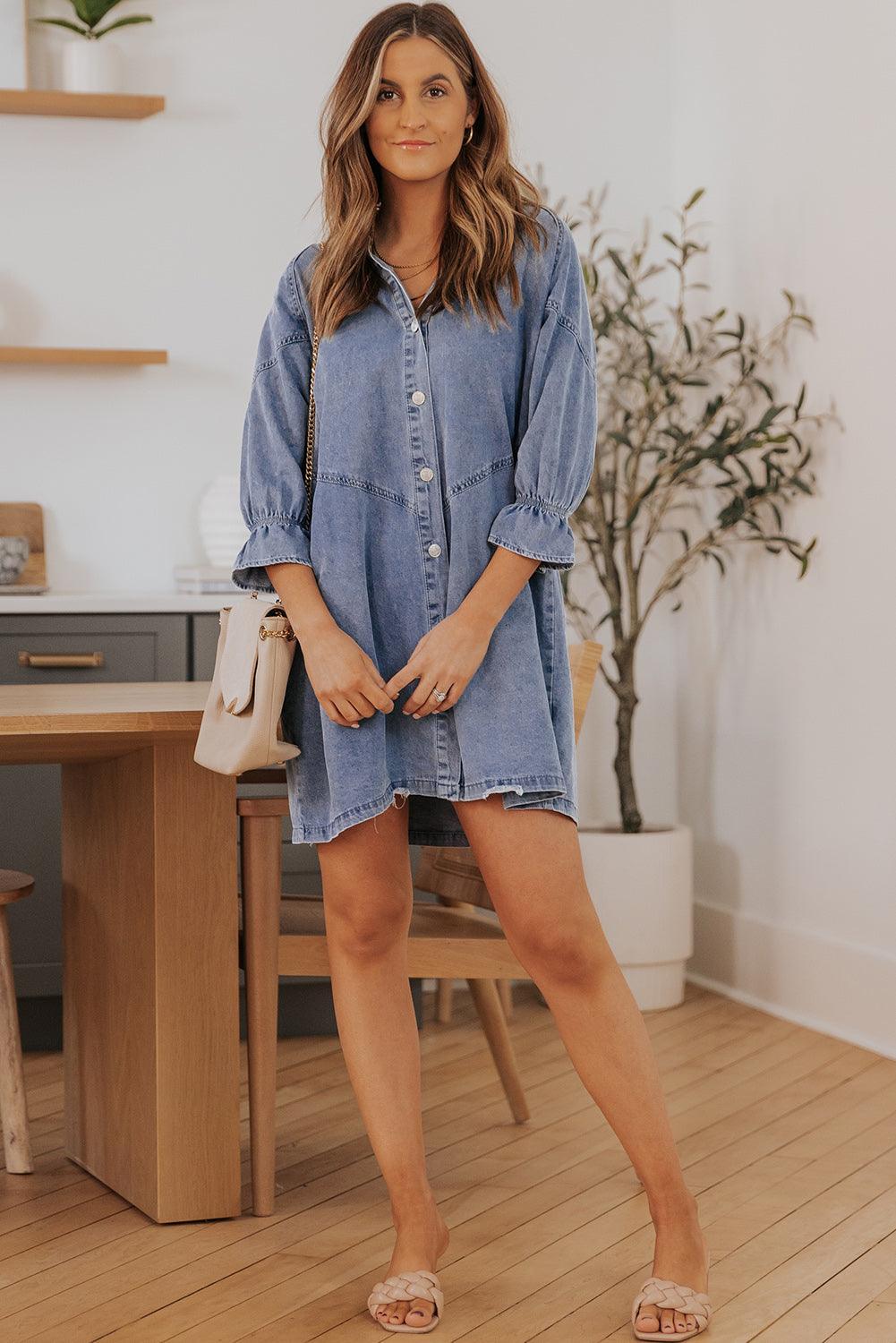 Geknoopte Denim Jurk met Lange Mouwen - Mini Dresses - Jurkjes.co