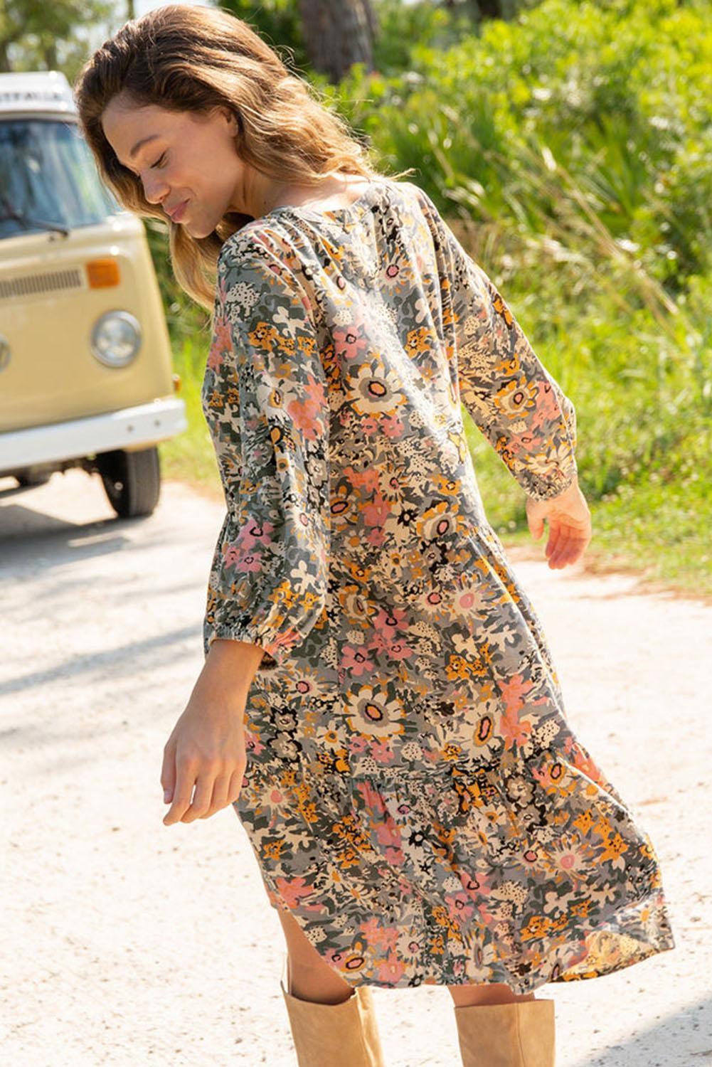 Geknoopte Halslijn Bloemenjurk met 3/4 Mouw - Floral Dresses - Jurkjes.co