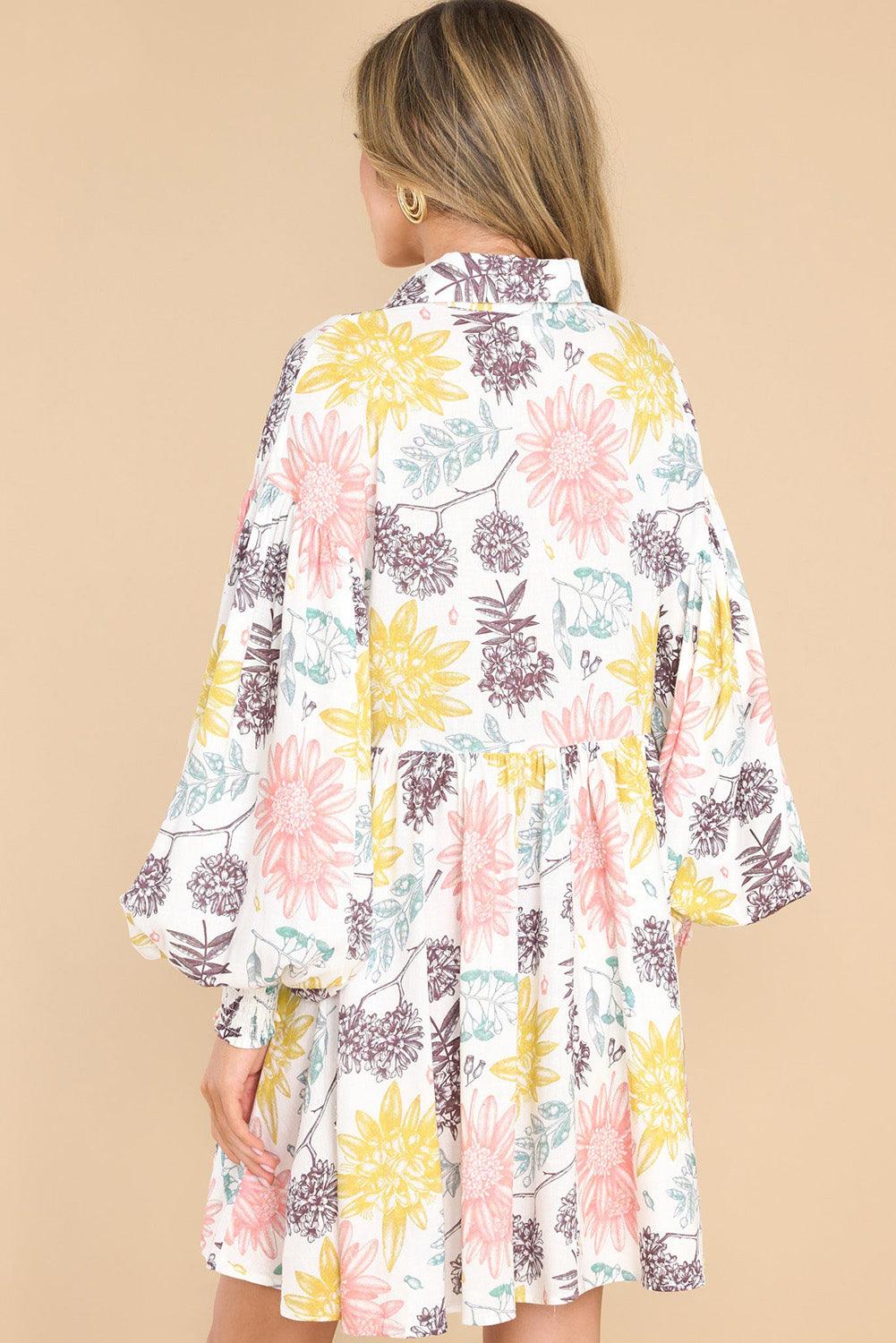 Gekraagde Jurk met Bloemenprint en Pofmouwen - Floral Dresses - Jurkjes.co