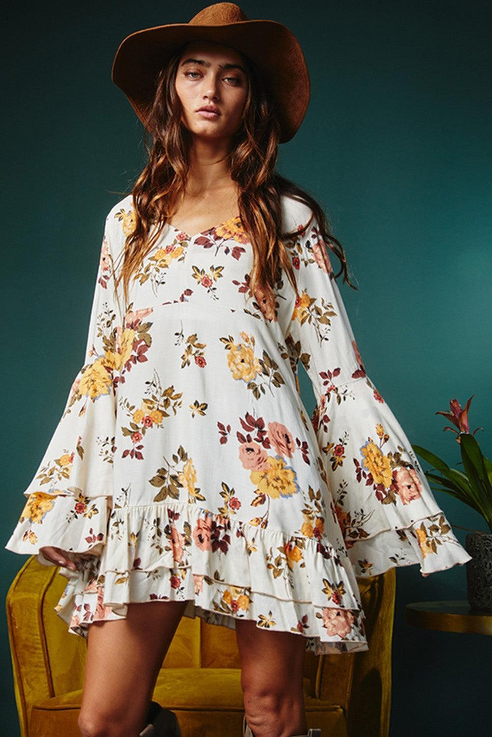 Gelaagde Mouw Bloemenprint Mini-Jurk - Floral Dresses - Jurkjes.co