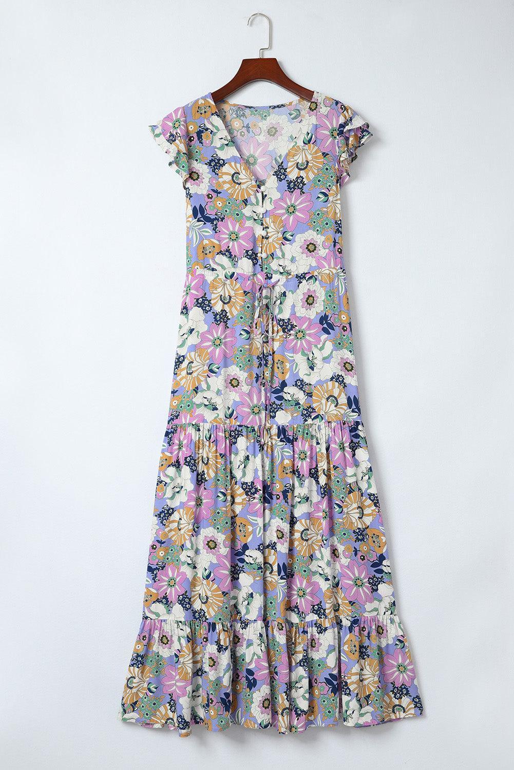 Gelaagde Ruches Mouwen Lange Bloemenjurk - Floral Dresses - Jurkjes.co