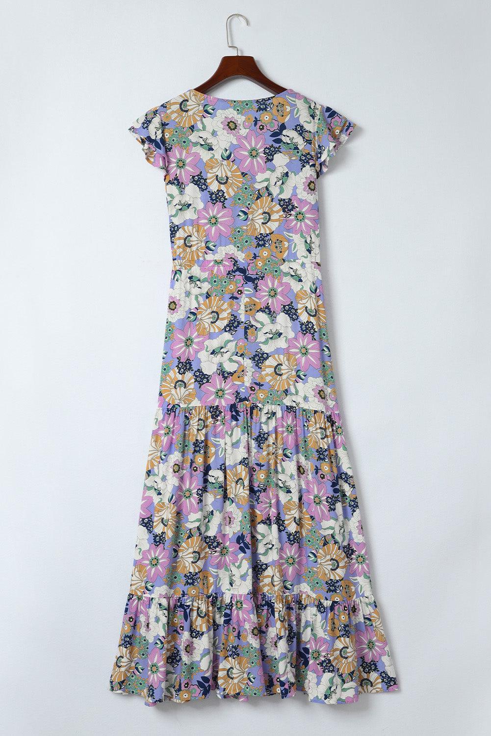 Gelaagde Ruches Mouwen Lange Bloemenjurk - Floral Dresses - Jurkjes.co