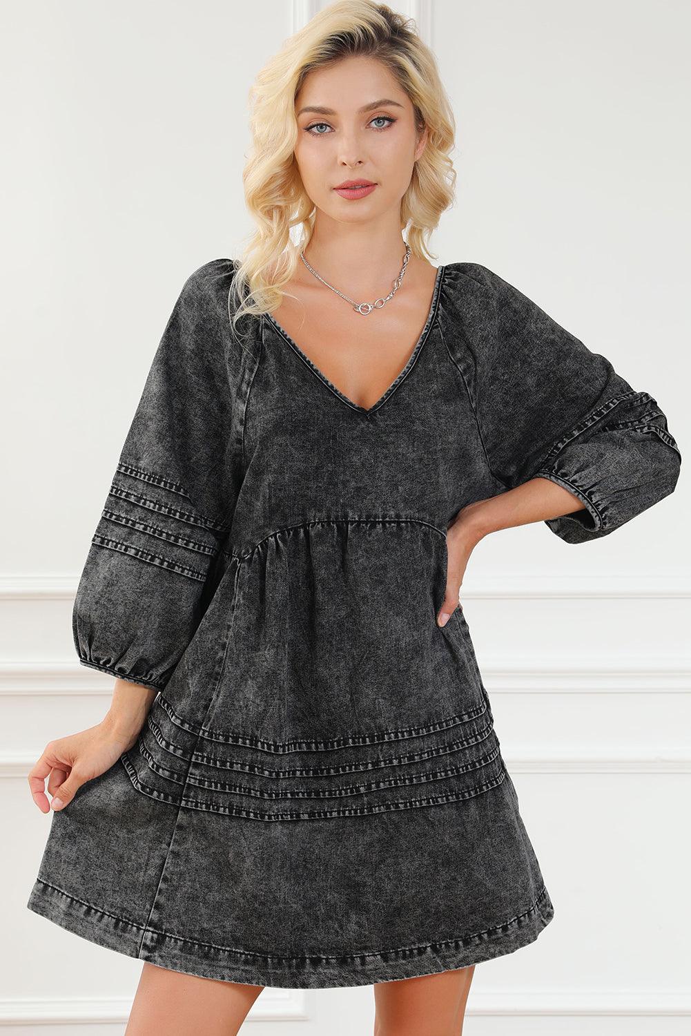 Geplooide Denim Babydoll Jurk met Pofmouwen - Mini Dresses - Jurkjes.co