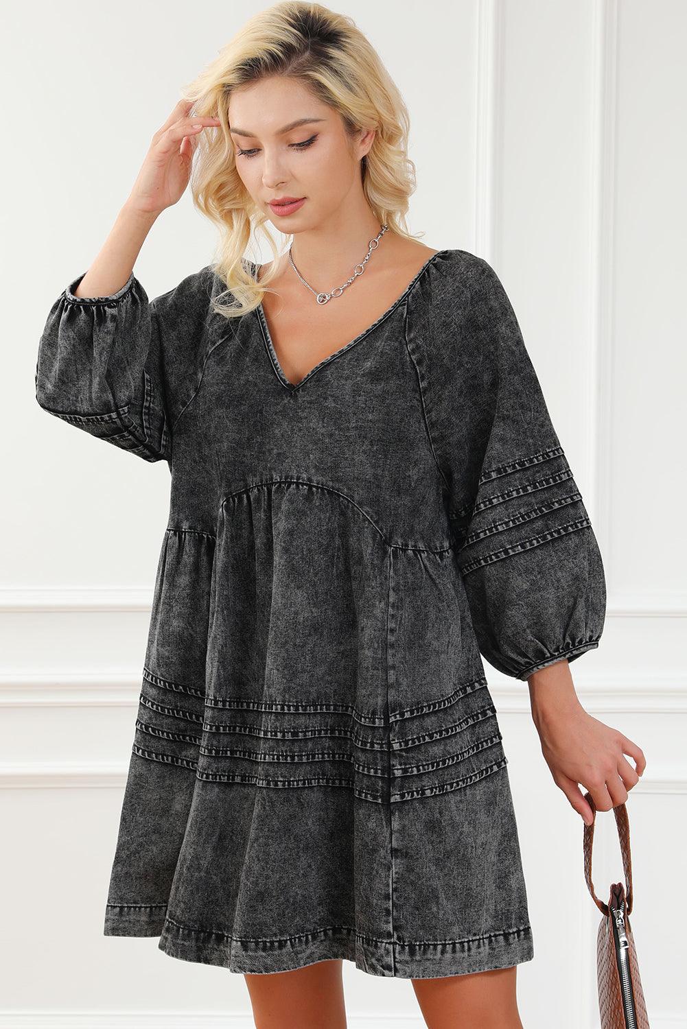 Geplooide Denim Babydoll Jurk met Pofmouwen - Mini Dresses - Jurkjes.co