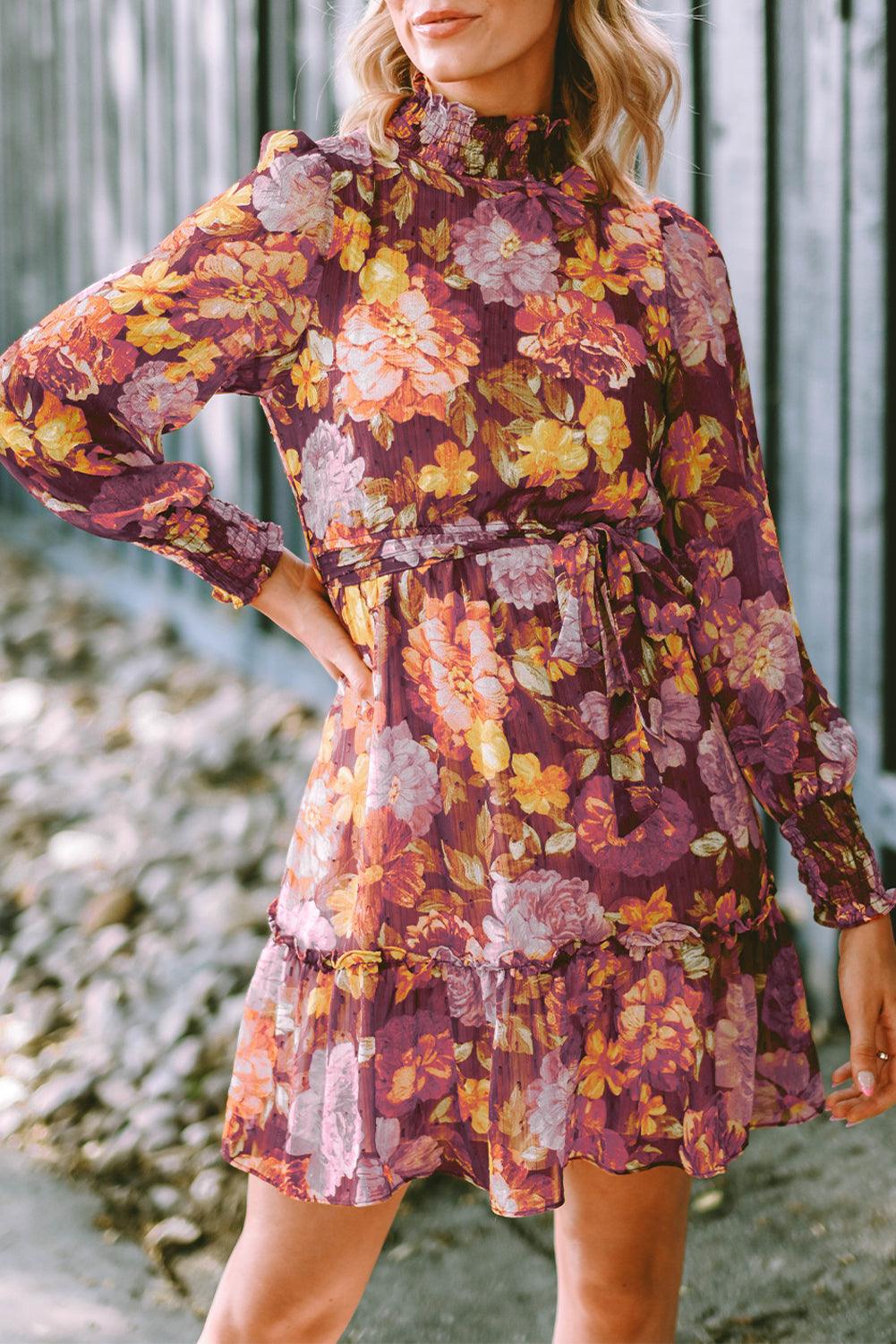 Geplooide Halslijn Bloemenjurk met Hoge Taille - Floral Dresses - Jurkjes.co