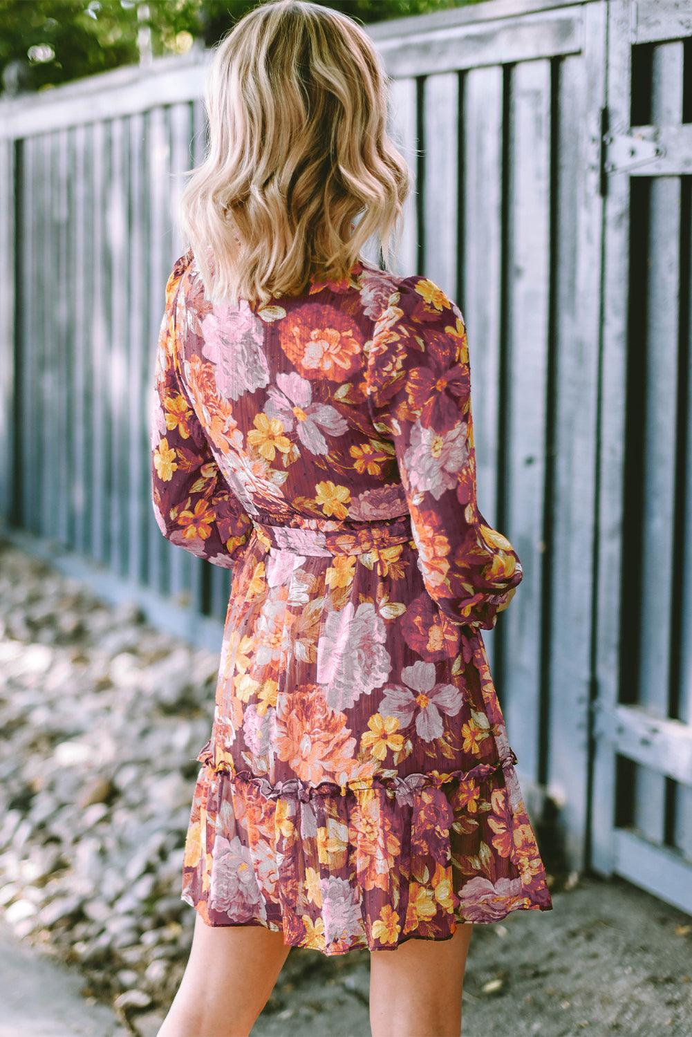 Geplooide Halslijn Bloemenjurk met Hoge Taille - Floral Dresses - Jurkjes.co