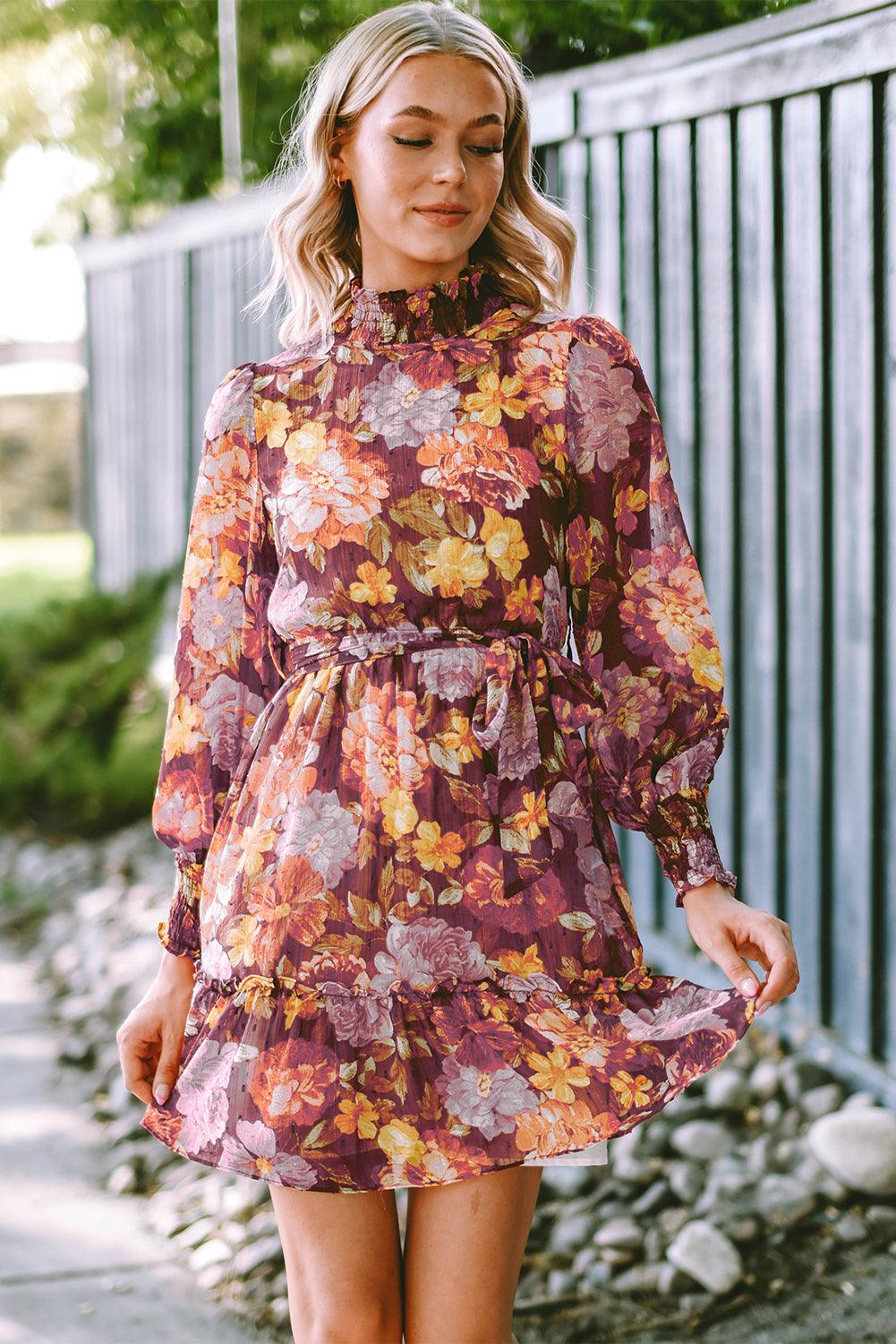 Geplooide Halslijn Bloemenjurk met Hoge Taille - Floral Dresses - Jurkjes.co