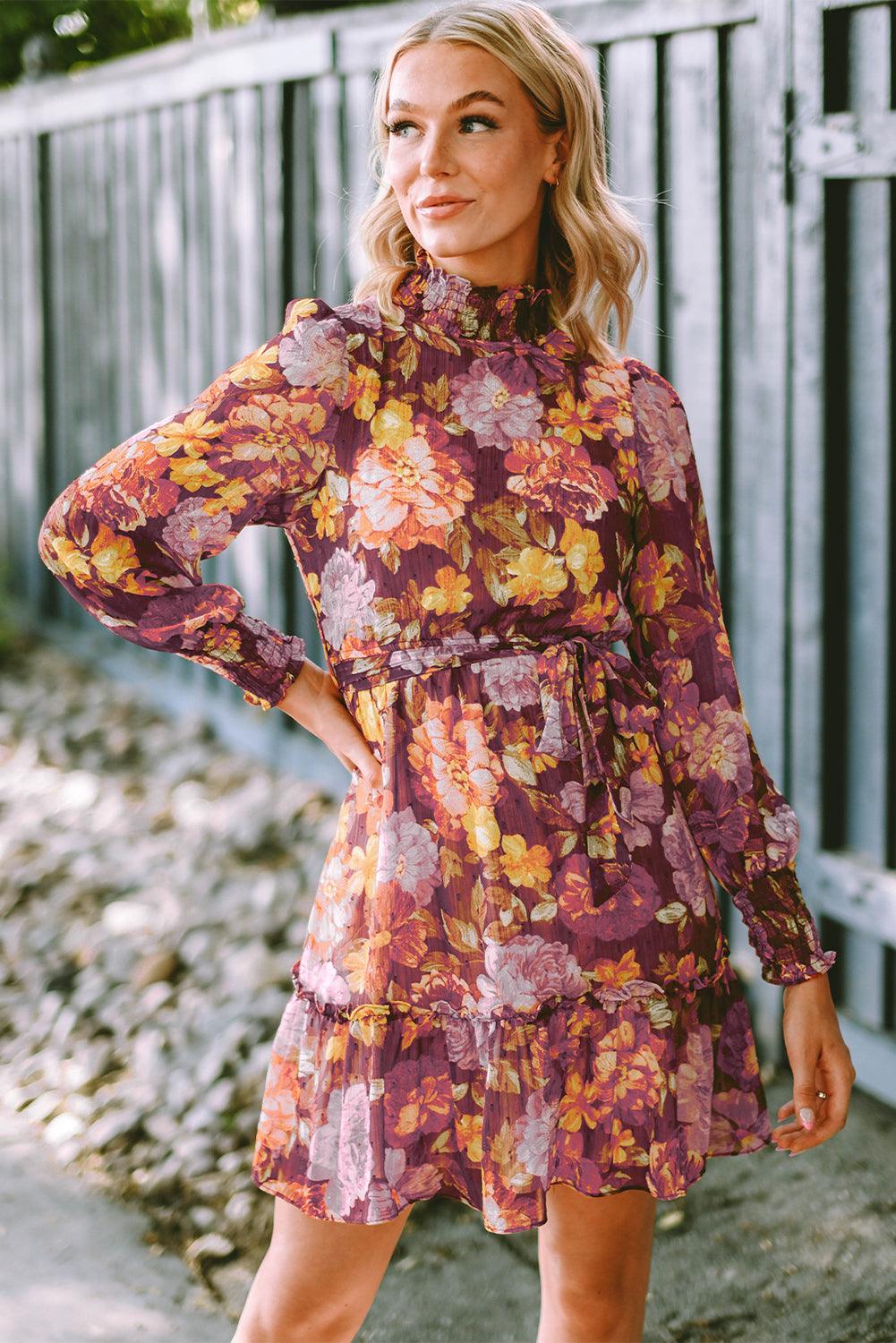 Geplooide Halslijn Bloemenjurk met Hoge Taille - Floral Dresses - Jurkjes.co