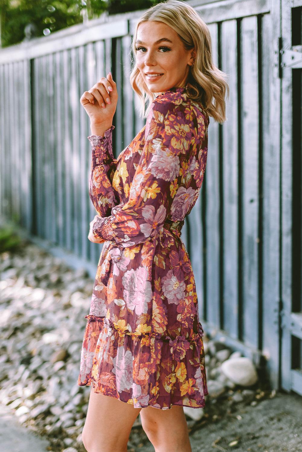 Geplooide Halslijn Bloemenjurk met Hoge Taille - Floral Dresses - Jurkjes.co