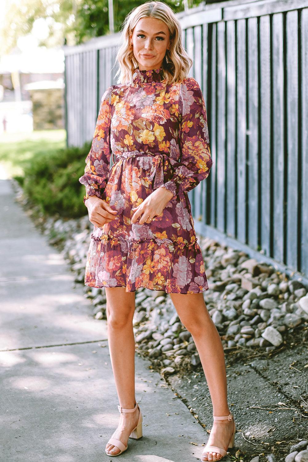 Geplooide Halslijn Bloemenjurk met Hoge Taille - Floral Dresses - Jurkjes.co