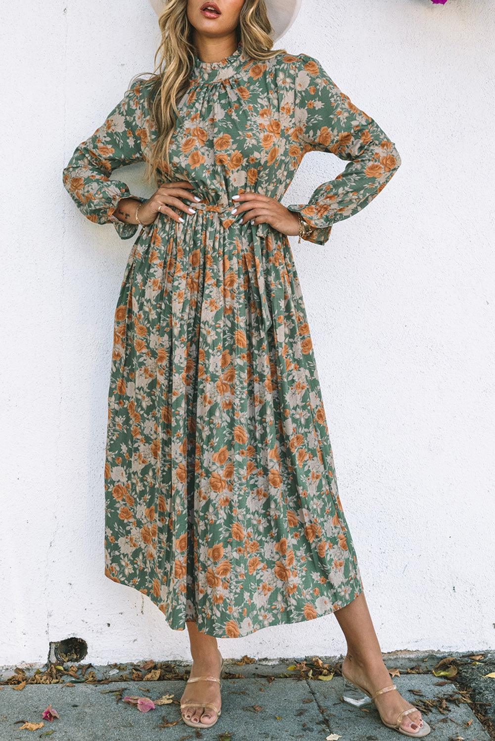 Geplooide Maxi Bloemenjurk met Strik - Floral Dresses - Jurkjes.co