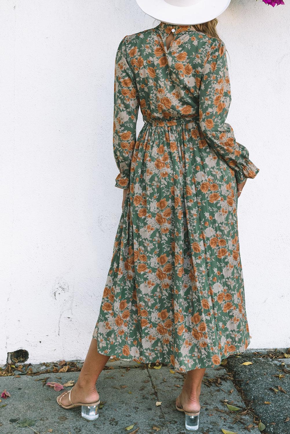 Geplooide Maxi Bloemenjurk met Strik - Floral Dresses - Jurkjes.co