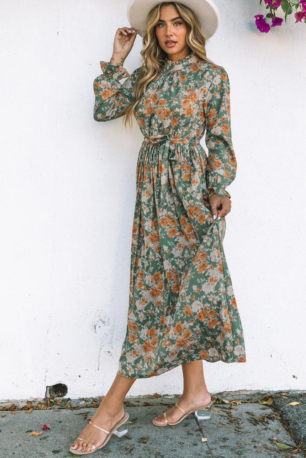 Geplooide Maxi Bloemenjurk met Strik - Floral Dresses - Jurkjes.co