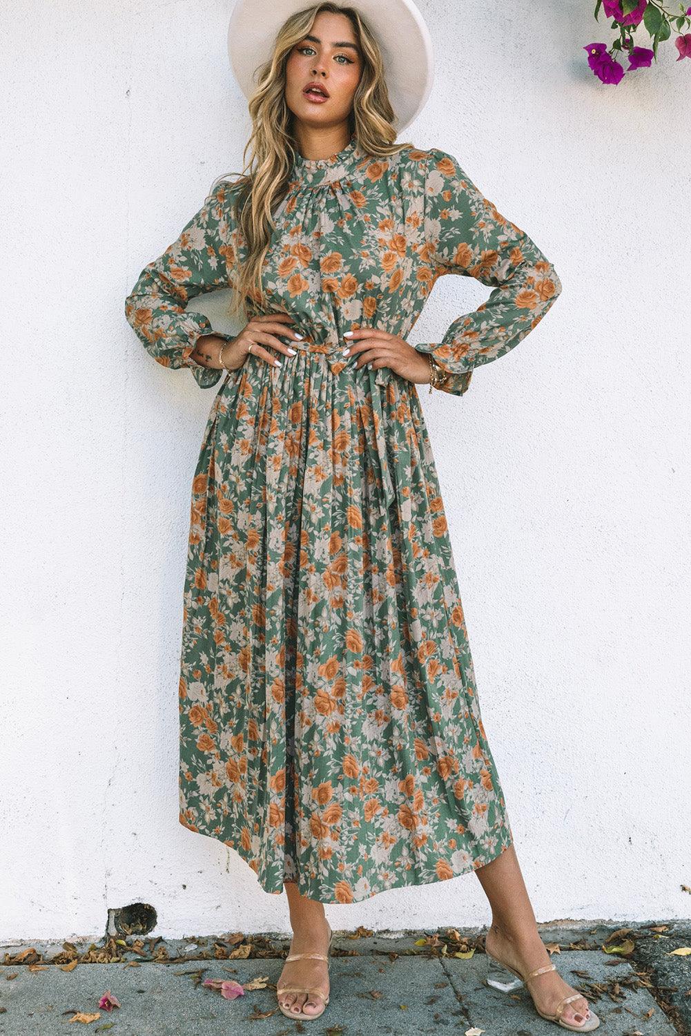 Geplooide Maxi Bloemenjurk met Strik - Floral Dresses - Jurkjes.co